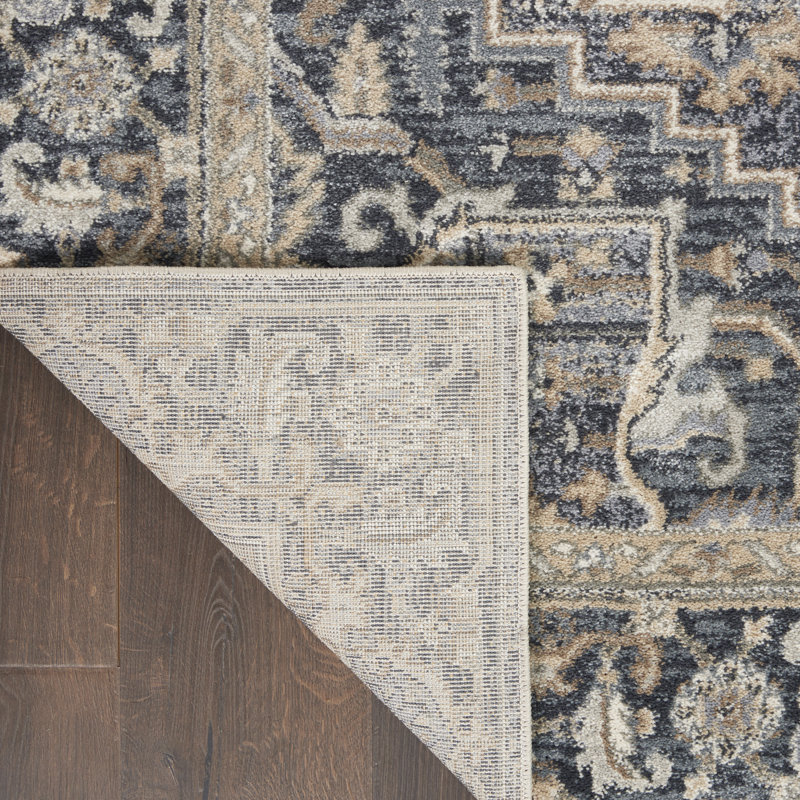 Navy and Beige Synthetic Rectangular 5' x 7' Area Rug