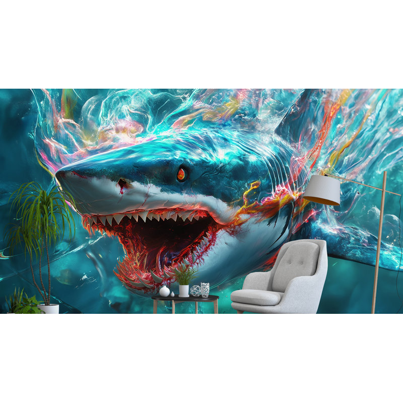 Dynamic Underwater Shark Attack Wallpaper, Colorful Splash Art For Unique Wall Decor, Epic Underwater Predator Scene For Thrilling Interior Design