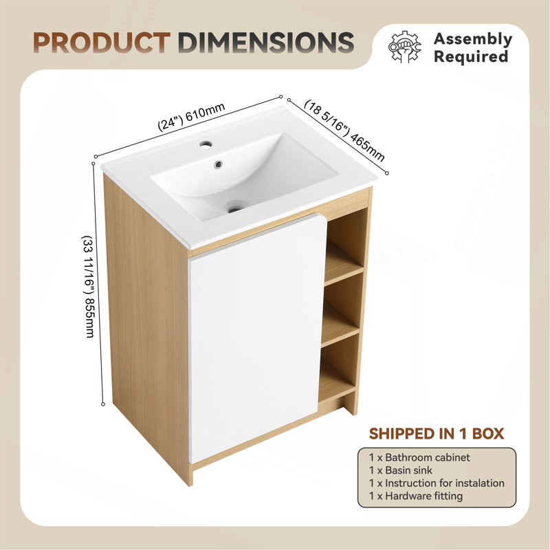 Meuble-lavabo autoportant de 24 po avec lavabo en céramique à rebord mince, chêne clair, porte simple avec tablettes ouvertes à 4 niveaux, armoire KD, panneaux de porte bicolores (blanc et noir), fabrication en contreplaqué