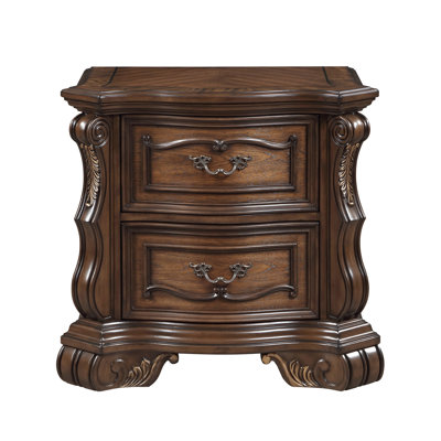 Table de chevet formelle traditionnelle à finition brun foncé de luxe avec 2 tiroirs décoratifs dorés et armoire de chevet 1pc