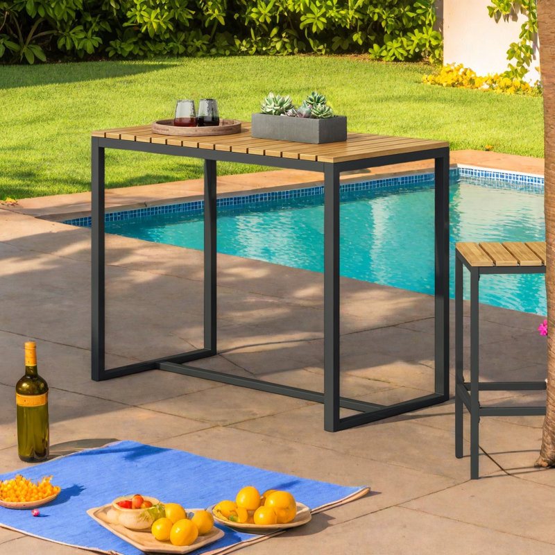 Tables de patio modernes, table de bar en bois d'acacia et salle à manger industrielle pour l'extérieur