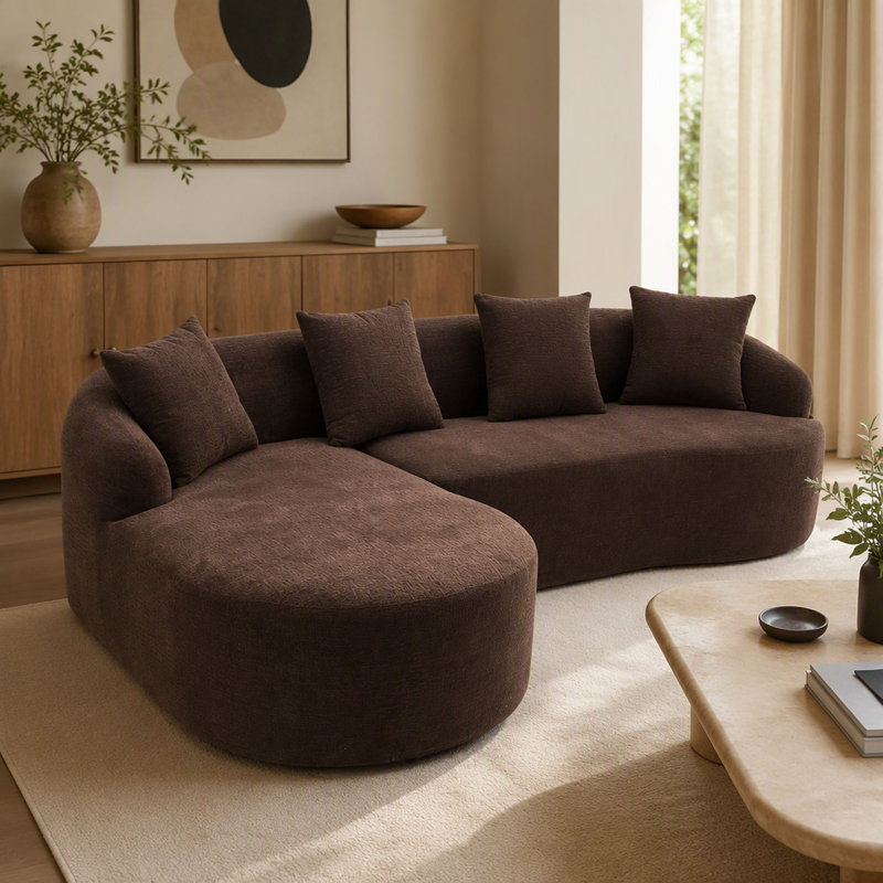 Canapé modulaire en L en éponge à compression complète avec méridienne incurvée, canapé modulaire brun en chenille, haute densité 30D pour le salon en appartement, 900 lb