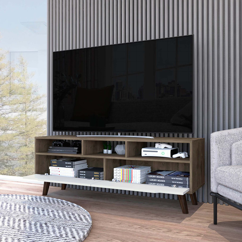 Meuble télé pour téléviseur de 52 po, trois tablettes ouvertes, deux tiroirs flexibles, noyer foncé / blanc