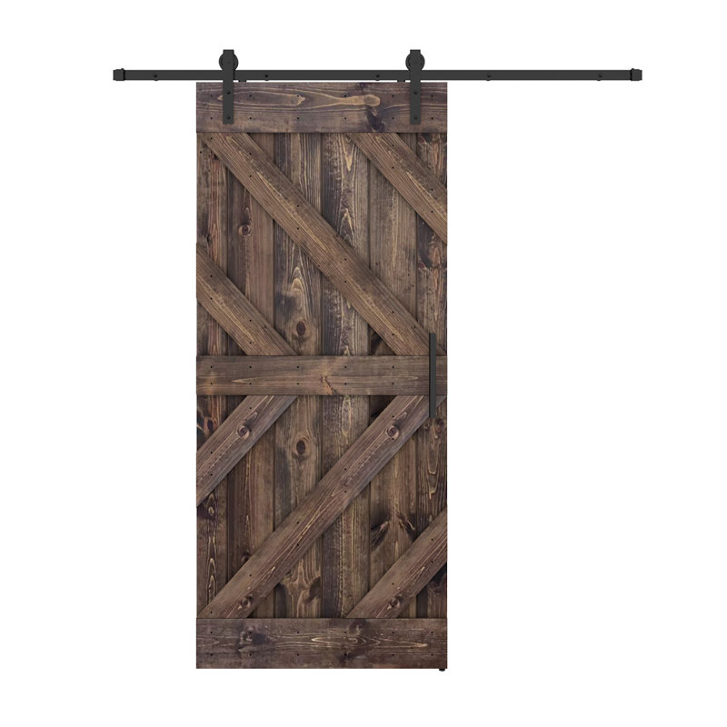 Porte de grange lambrissée peinte en bois et en métal avec trousse de quincaillerie d'installation, Brun foncé, 24 po x 84 po