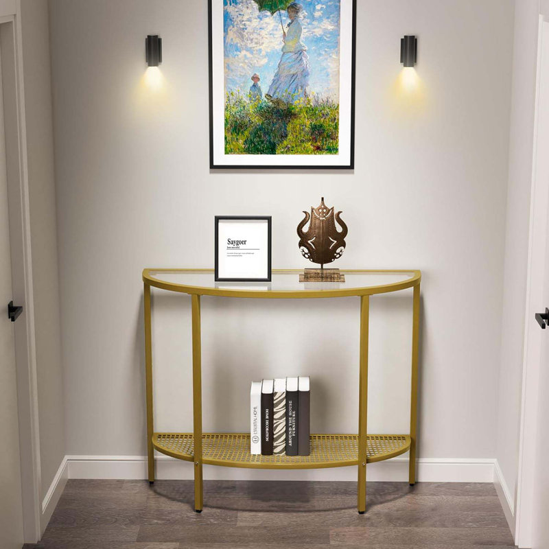 Glass Half Moon Console Table 2 Tier Narrow Entryway Table With Gold Metal Frames, Modern Couch Table Small Entry Way Tables, Easy Assembly, Clear Glass Gold Frames