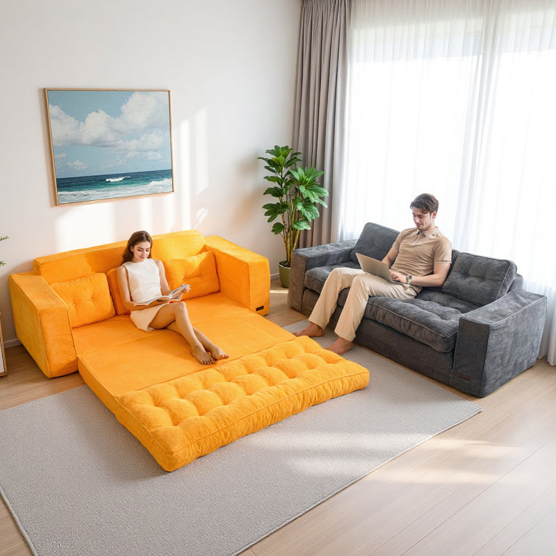 Canapé Bean Bag, causeuse de plancher, Velours côtelé orange, H 29,5 po x l 74,8 po x P 33,5 po