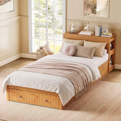 Modern Platform Bed with Integrated Desk and Storage,wide Headboard,Footboard Drawers & Side Shelves