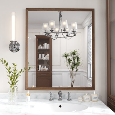 Walnut Wood Grain Framed Rectangle Bathroom Mirror, Wall Mounted Vanity Mirror with 4 MM Tempered Glass
