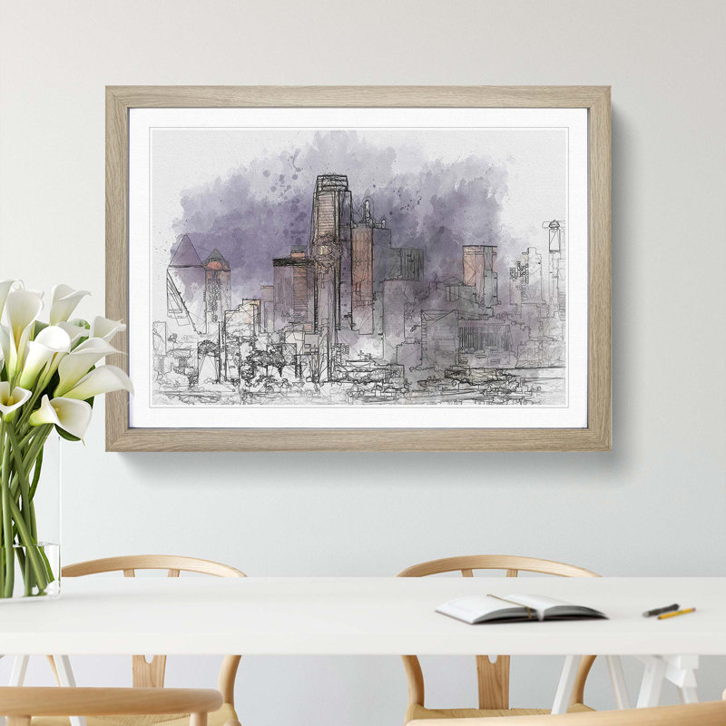 Dallas Texas Skyline at Dusk in Abstract - Picture Frame Graphic Art Print, 36cm H x 48cm W x 2cm D, Oak Framed
