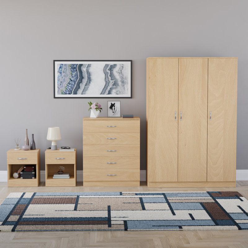 Tayce 4 Piece Bedroom Set (1 Drawer Bedside Chest X2, 5 Drawer Chest, 3 Door Wardrobe), Tan