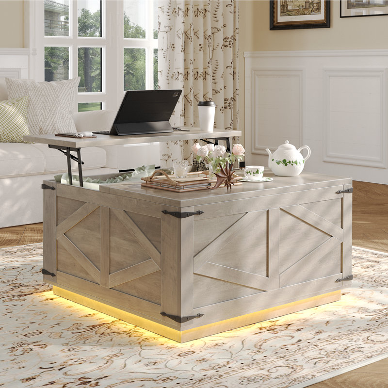 Farmhouse Lift Top LED Coffee Table With Storage, Gray Top/Gray Base