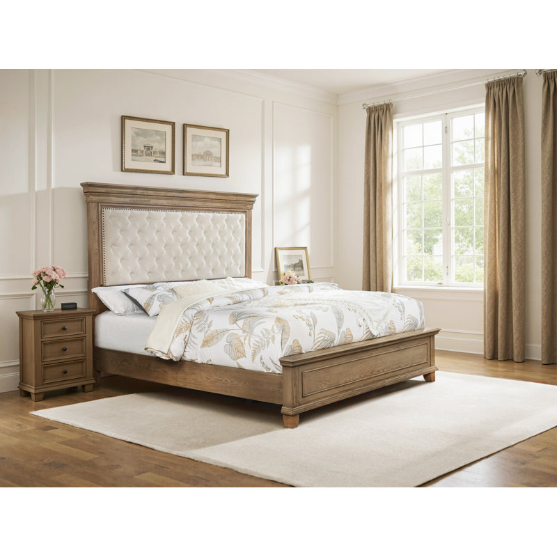 Base de lit Deines style Mid-Century en bois massif avec tête de lit en chenille, Très grand