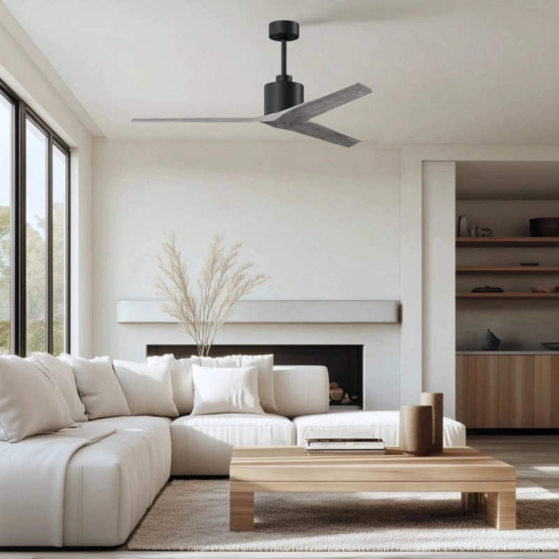 Ventilateur de plafond standard à 3 pales Ertugrul, Noir mat, 60", Ton bois de grange