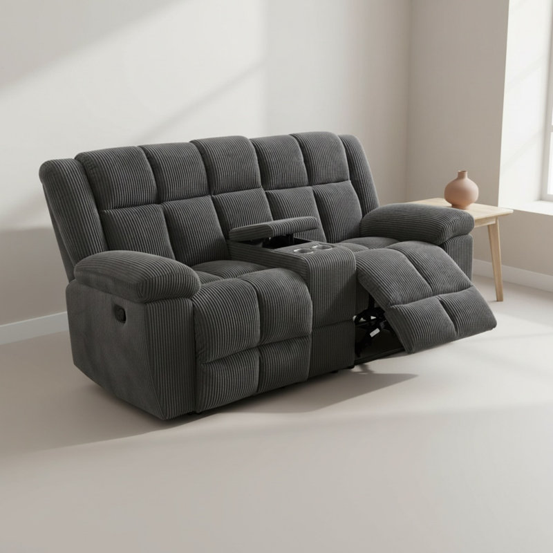 Causeuse inclinable 2 places avec console centrale, canapé inclinable manuel en tissu de velours côtelé avec porte-gobelets, gris foncé