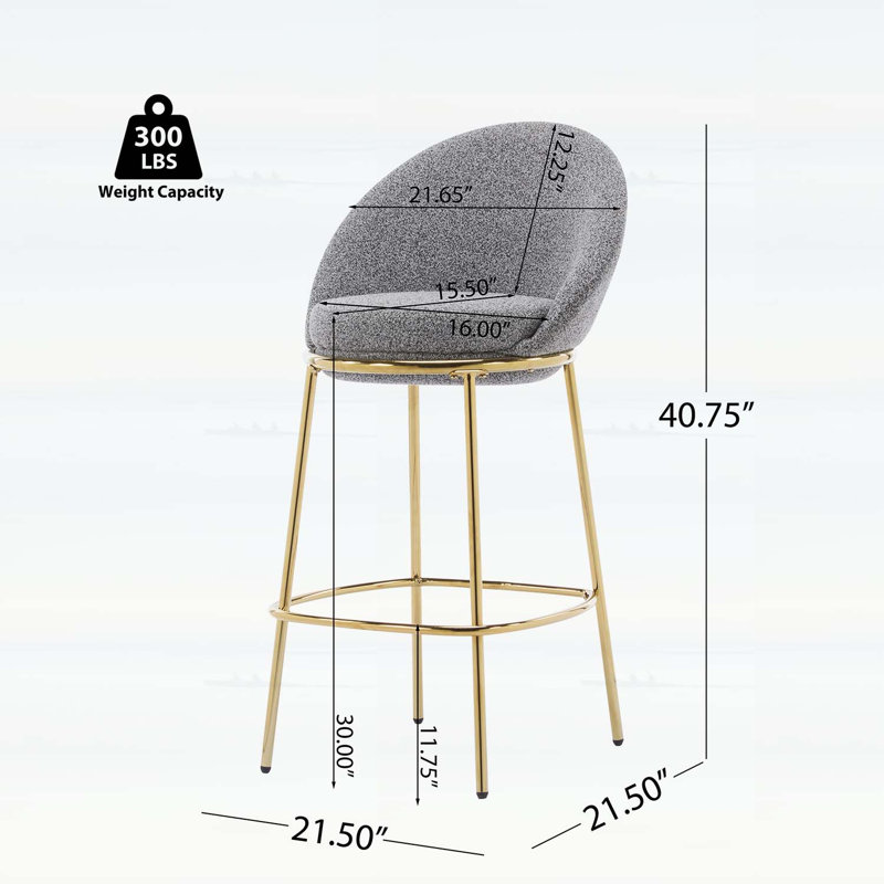 Tabouret de bar intérieur en métal rembourré, structure plaquée or et revêtement gris chiné, ensemble de 2, Grey Fabric