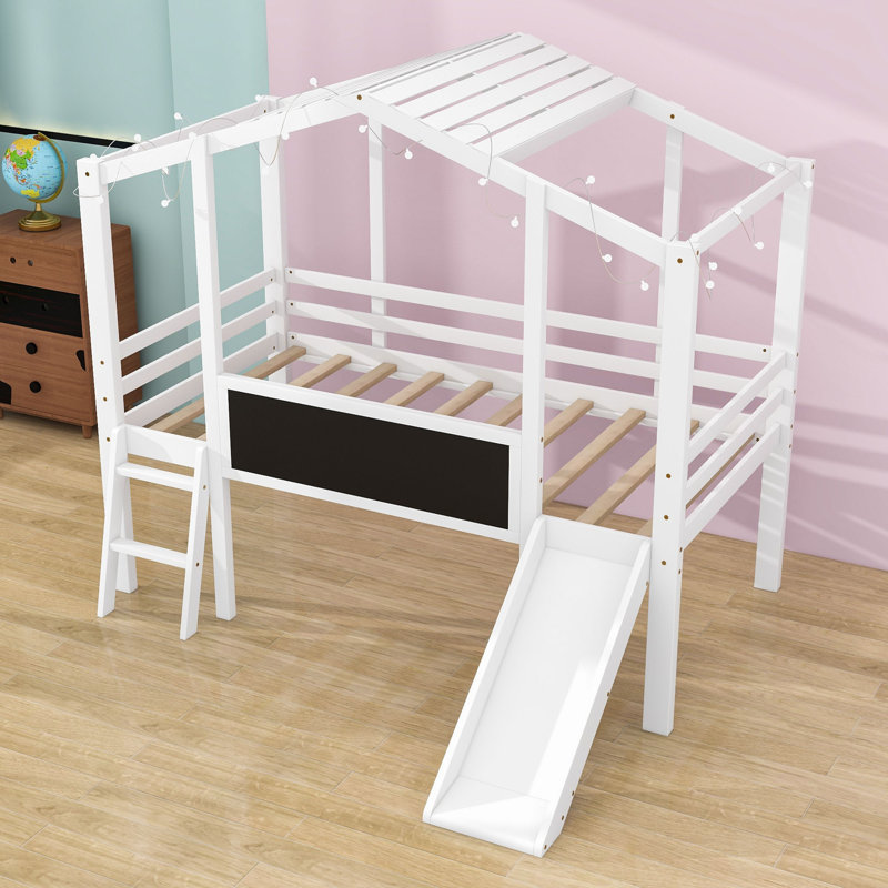 Schintzel Kids Twin Size Wood Loft Bed with Blackboard, Slide and Light Strip, White