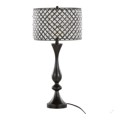 Lampe de table contemporaine 27 po en bronze huilé avec cristal K9 transparent et abat-jour en métal
