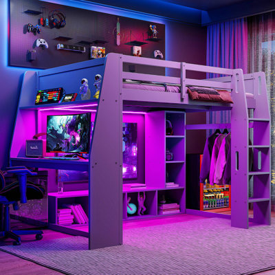 Lit mezzanine en bois avec bureau, étagères à rangement multiples, DEL et portemanteau suspendu