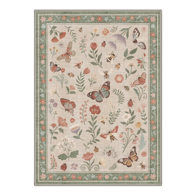 Adonis Elyra Boho Machine Washable Beige / Green Indoor Area Rug with Non-Slip Backing