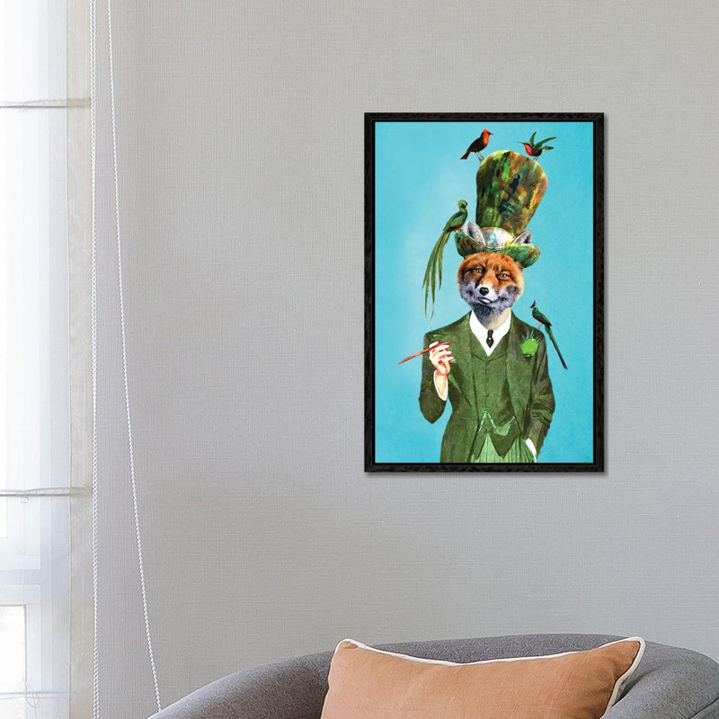 Fox With Hat And Birds by Coco De Paris - Floater Frame Print on Canvas, 66.04 cm H x 45.72 cm W, Black Framed Canvas