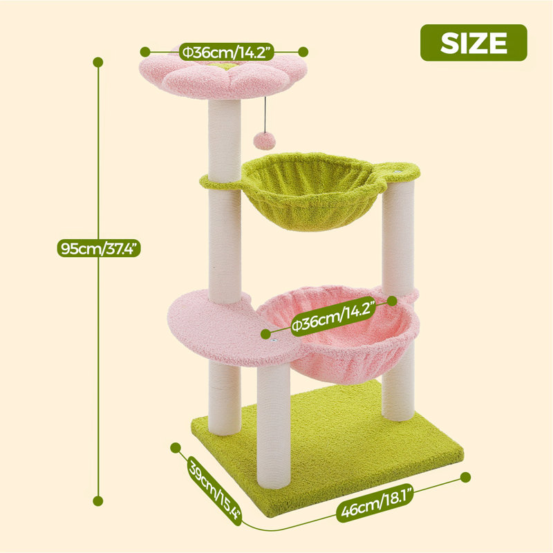 Tour pour chat 37,4 "avec hamacs et poteaux à griffer - bois FSC, conception compacte, Pink+Green