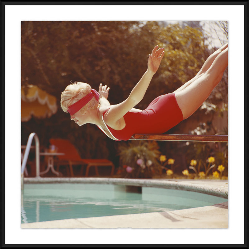 Young Woman In Blindfold Balancing On Diving Board Giclee Print by Getty Images, Black, 36" H x 36" W x 2.375" D