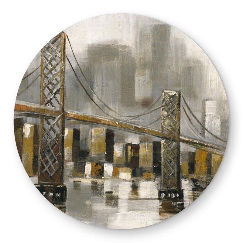Bridge by a Cloudy Day | Gray Round Outdoor Area Rug