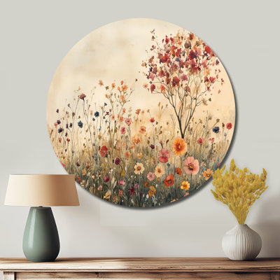 Red Summer Wildflowers Meadow Horizion - Floral Round Metal Wall Decor