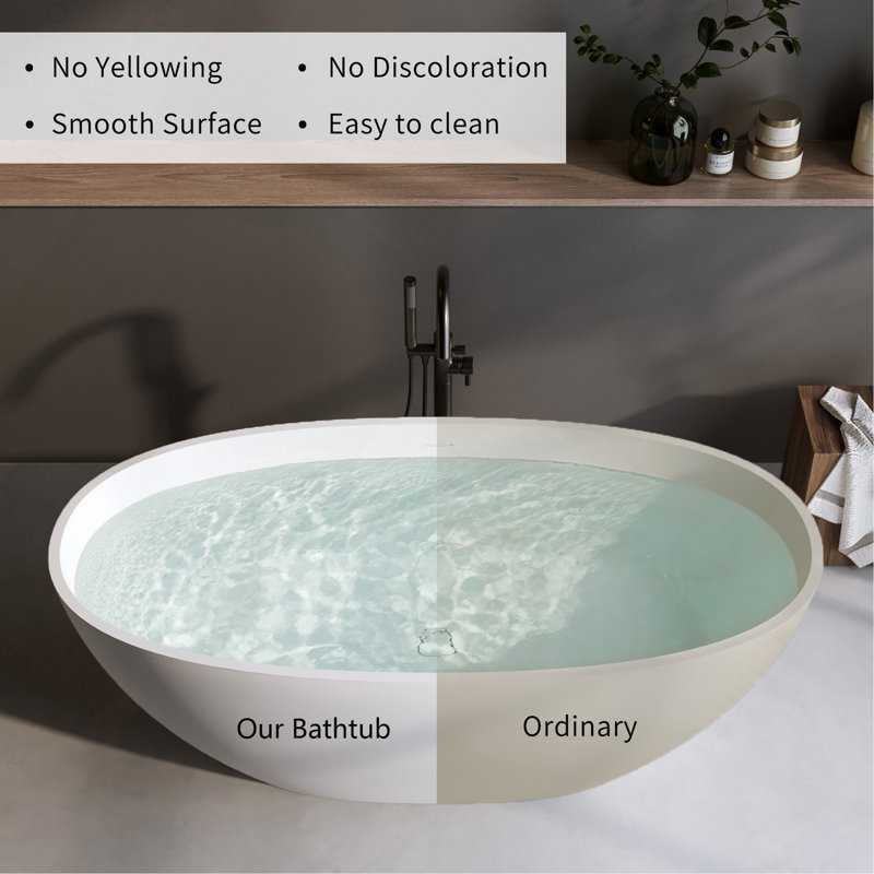 Baignoire matte à surface solide de 70,8 po, baignoire de trempage à surface solide, baignoire autoportante en résine de pierre, baignoires autoportantes à rebord épais avec trop-plein, bonde escamotable, blanc mat (ovale)