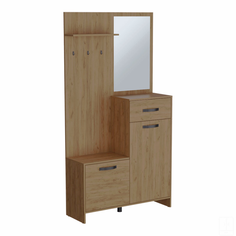 Hall Tree, 2 Doors, 1 Drawer, 1 Shelf, 1 Mirror