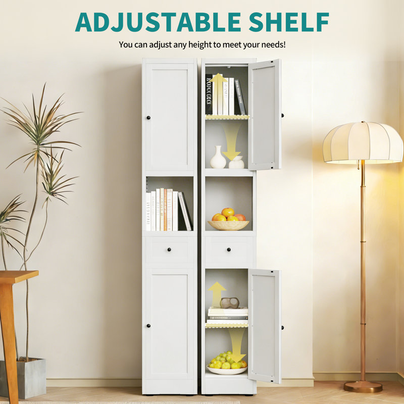 71-Inch Tall White Metal Storage Cabinet, Slim 5-Tier Bathroom Cabinet with 2 Doors and Adjustable Shelves, Freestanding Narrow Cabinet for Small Space, Hallway, Laundry Room
