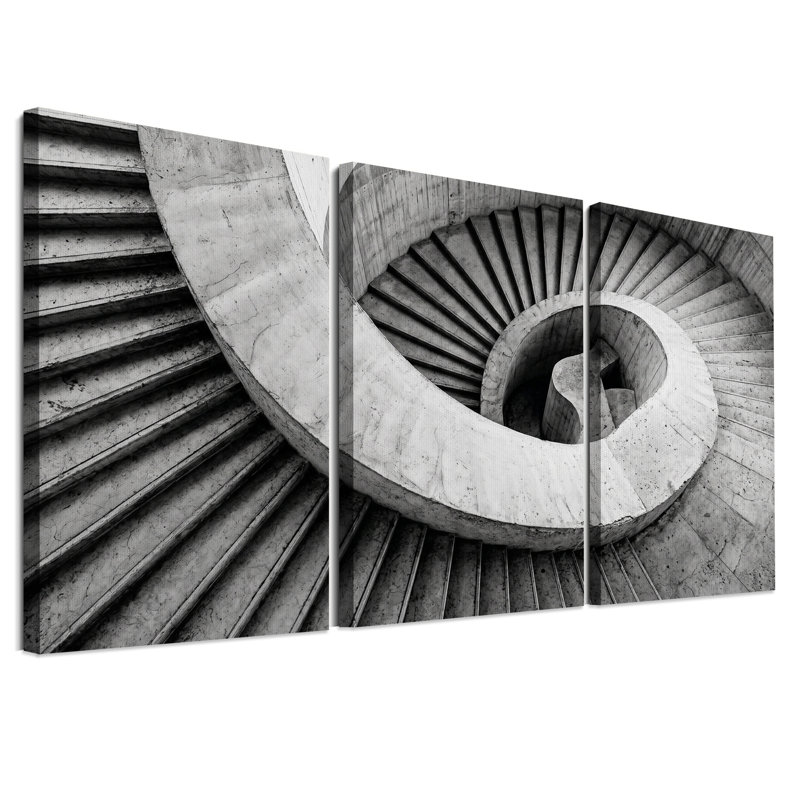 Ensemble de 3 toiles murales représentant un escalier en colimaçon en béton noir et blanc, 24"H x 16"W x 3pcs