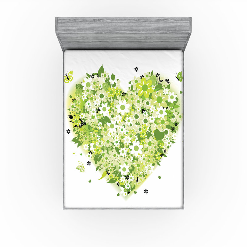 Ambesonne Green Flower Fitted Sheet 2-Pack Valentines Day Calking Pale Green White Black, Full Fitted Sheet