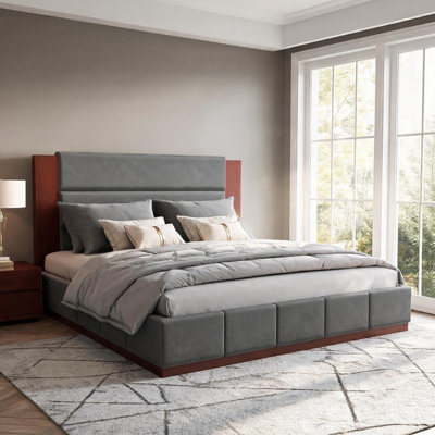 King Size Upholstered Platform Bed Frame with Extended Wood Headboard, Modern Bed with Wood Base, No Box Spring Needed, Grey Velet