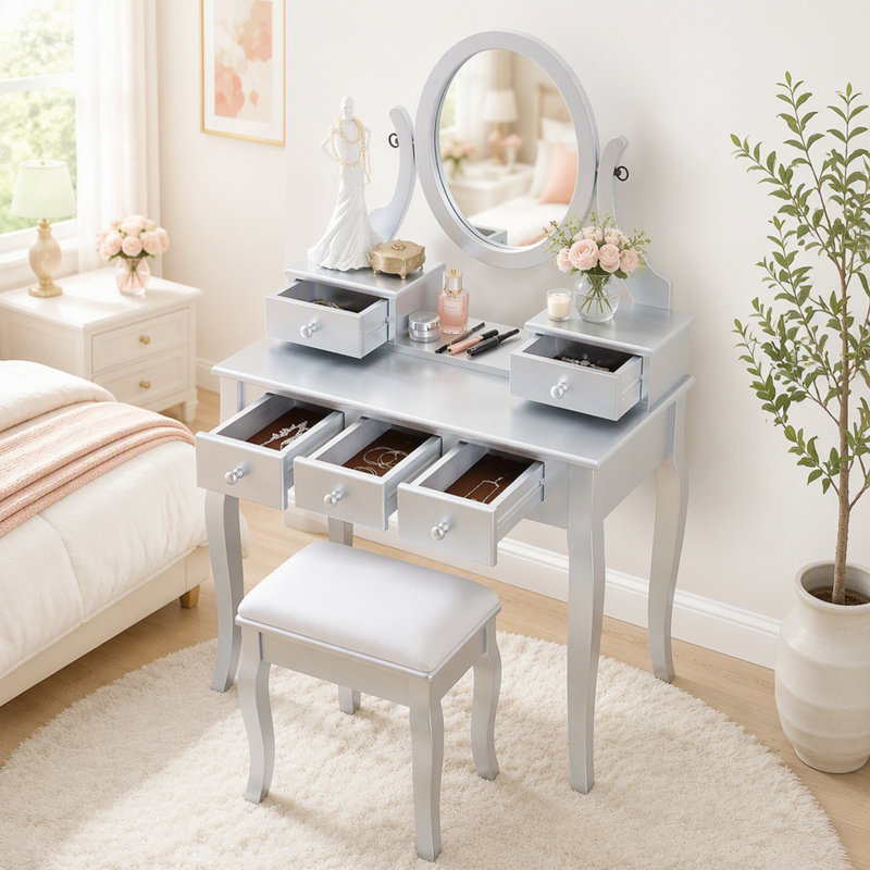 Ensemble coiffeuse et tabouret Ashley Wood, coiffeuse à 5 tiroirs avec miroir ovale réglable, argent, Silver