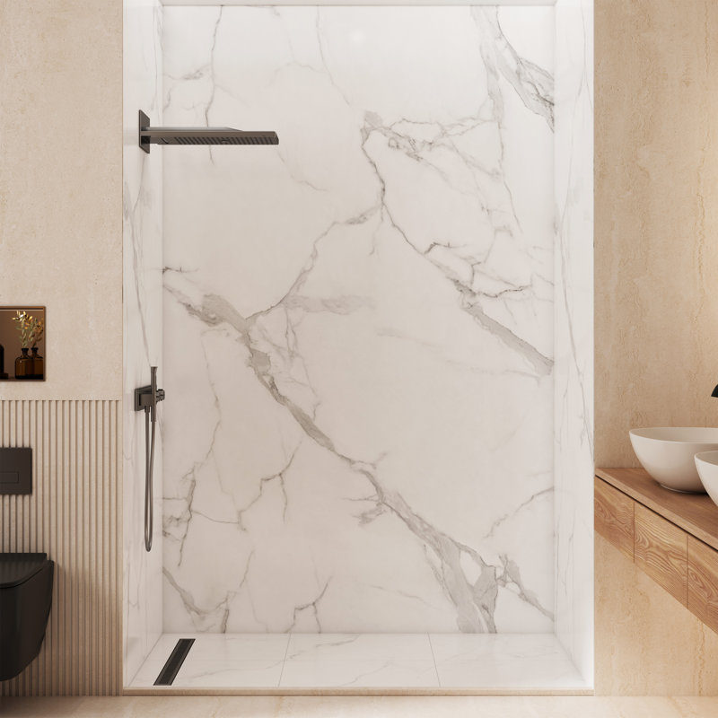 Ensemble de douche mural 3 pièces avec panneau imperméable texturé et découpable en marbre blanc Carrare