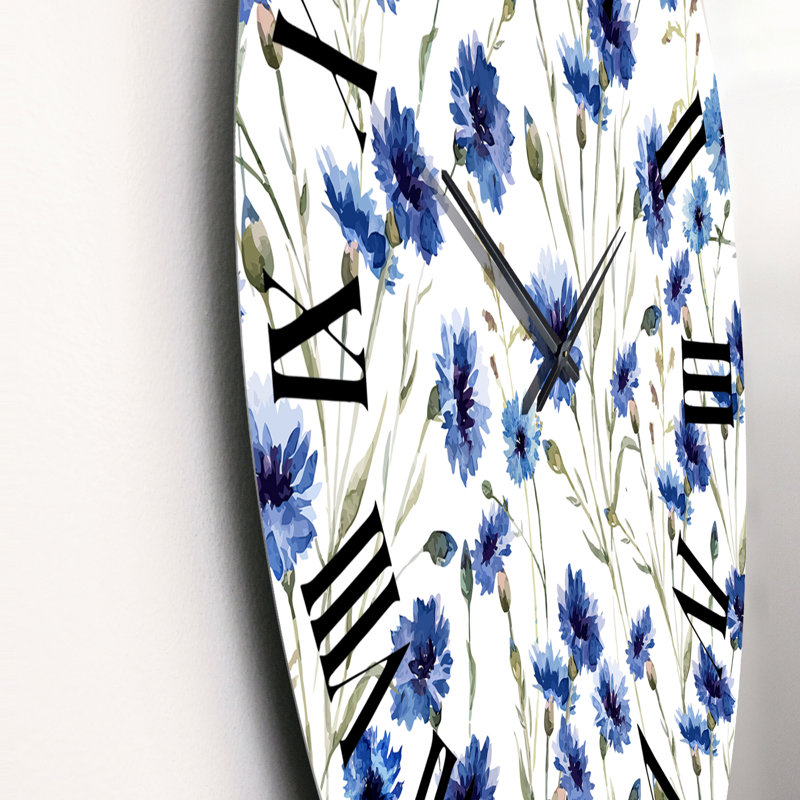 Horloge murale à fleurs bleues sur fond blanc, Grand