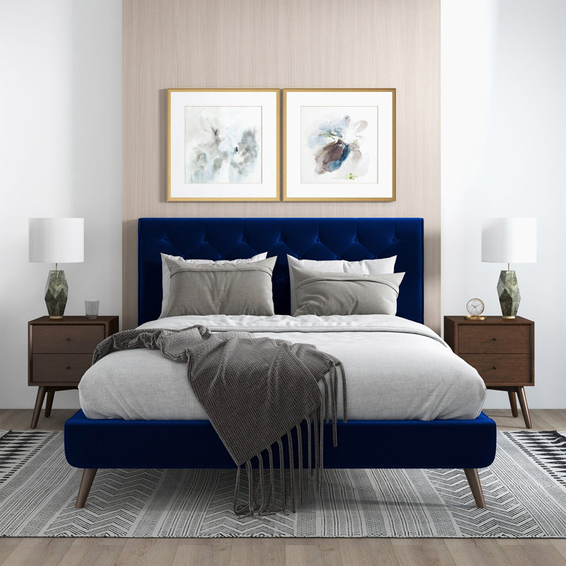 Lit plateforme sophistiqué de style Mid-Century moderne pour chambre à coucher élégante, Bleu