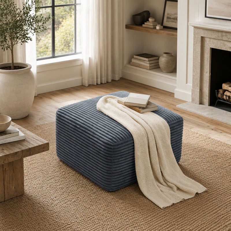 Pouf carré rembourré en velours côtelé, repose-pieds moelleux pour la décoration du salon et de la chambre à coucher, Gris