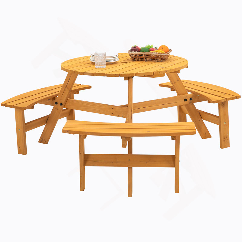 6-Person Circular Outdoor Wooden Picnic Table For Patio, Backyard, Garden, Built-In Benches, Natural