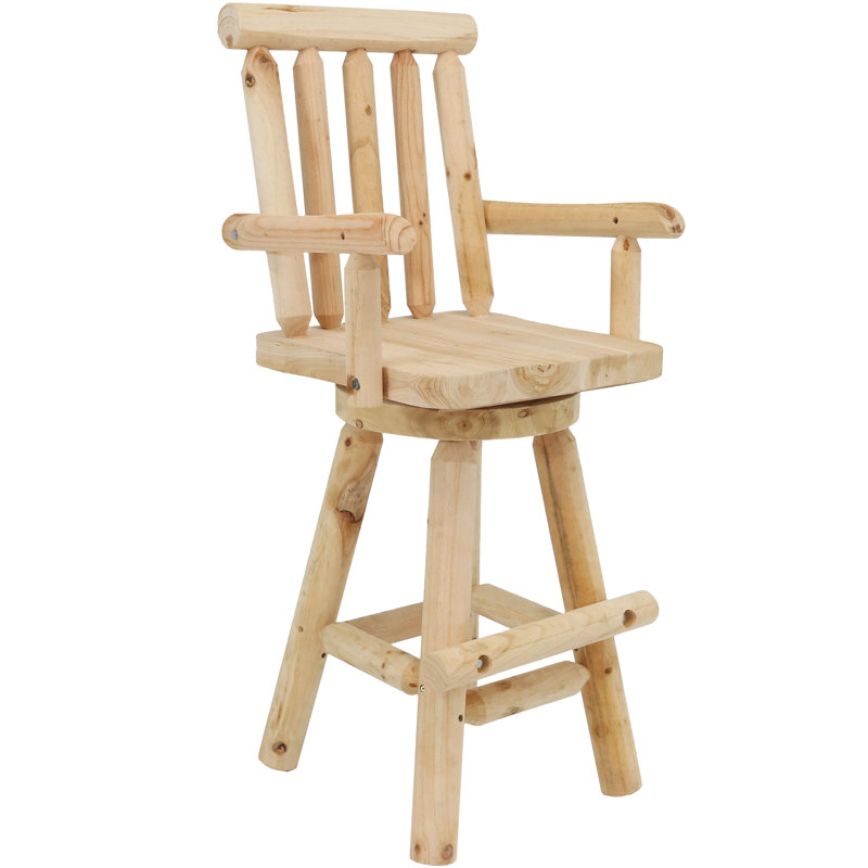 Natural Fir Wood Rustic Swivel Bar Stool with Armrests