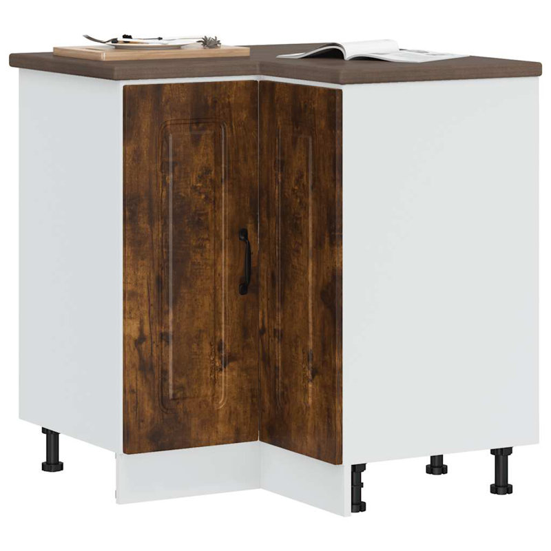 Kitchen Corner Base Cabinet Kalmar High Gloss Engineered Wood, Smoked Oak