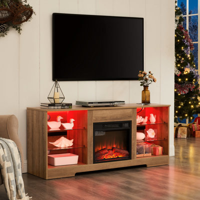 58" Tv Stand With Electric Fireplace, Oak, Fits 60 - 69" Tvs, Flame Color Changing, Power Outlets Adjustable Color, Port, 62" Fit, Oak Finish