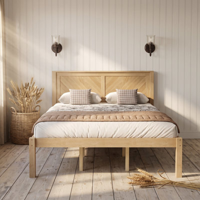 Natural Oak Solid Wood Queen Platform Bed Frame, Farmhouse Chevron Herringbone Headboard Bed with Underbed Storage Space, Slat Support Mattress Foundation Without Box Spring Required