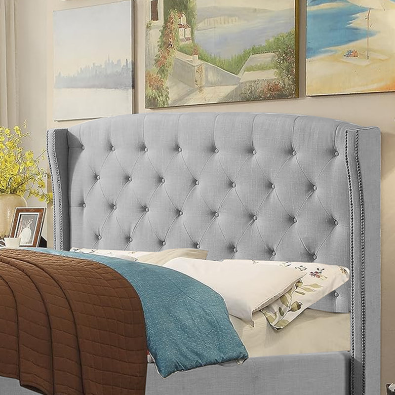 Tête de lit tapissier à oreilles en lin avec garniture cloutée double et capitonnage pour chambre à coucher, Lit simple, Gris