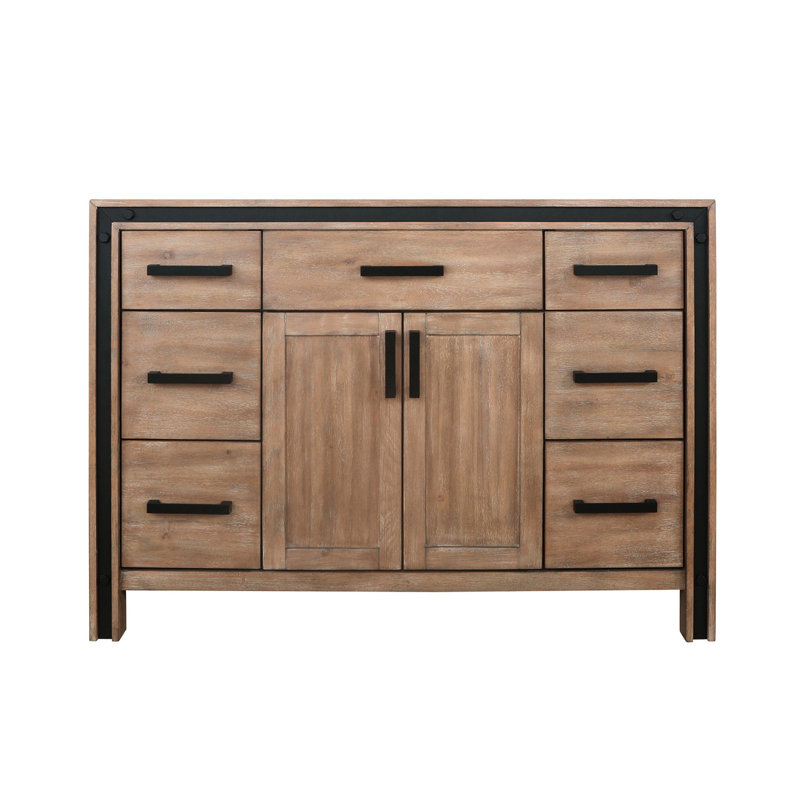 48 po Meuble-lavabo large et rustique, système de tiroir et d'armoire à fermeture en douceur, six tiroirs pour un rangement abondant, structure en bois massif avec contreplaqué E0, installation simple entièrement assemblée, compatible avec le plateau vendu