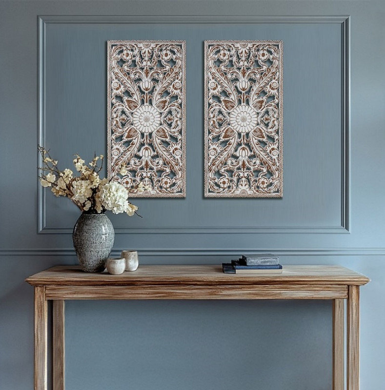 One Allium Way® 2 PCS Botanical Panel Distressed Carved Wood Wall Decor ...