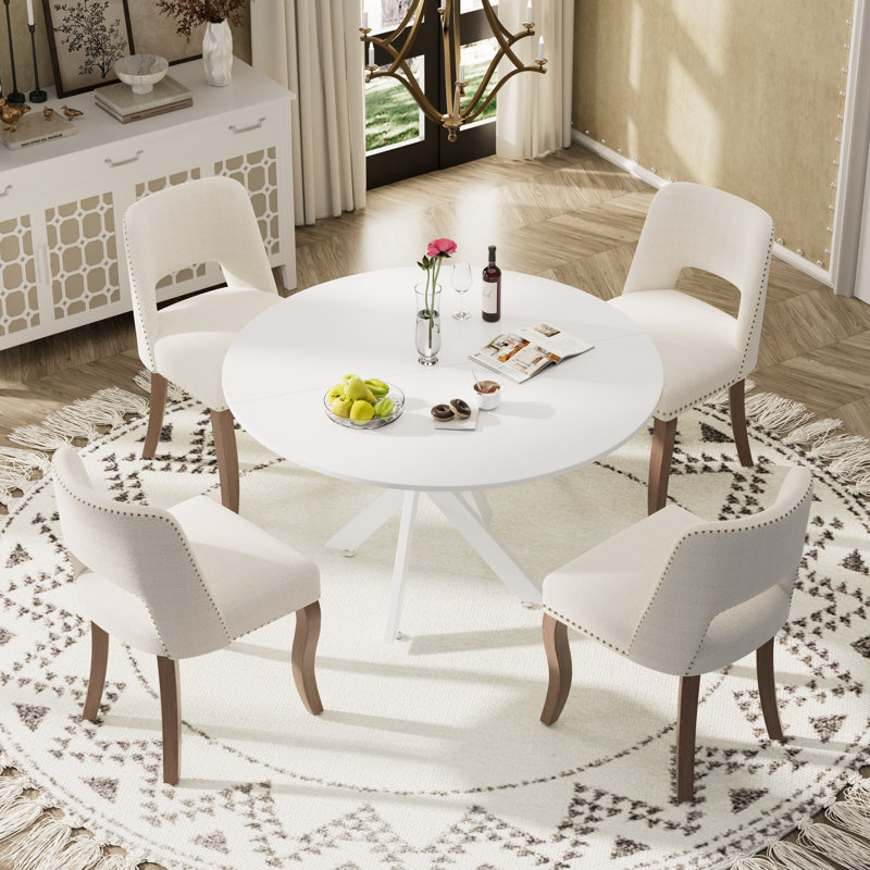 Ensemble de salle à manger à piédestal rond avec chaise en bois, 5 pièces: table, 4 chaises, Blanc, Blanc