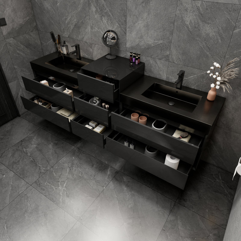 Golitz 103.5'' Double Bathroom Vanity with Stainless Steel Top, Glossy Black