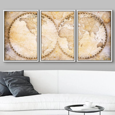 World Map Antique Global of the Earth - 3 Piece Framed Print Set on Canvas